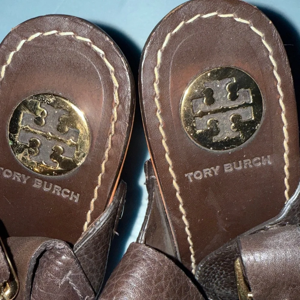 TORY BURCH Women’s 8 M Jodie Brown Leather Woven Platform Heel Sandals - Picture 10 of 15